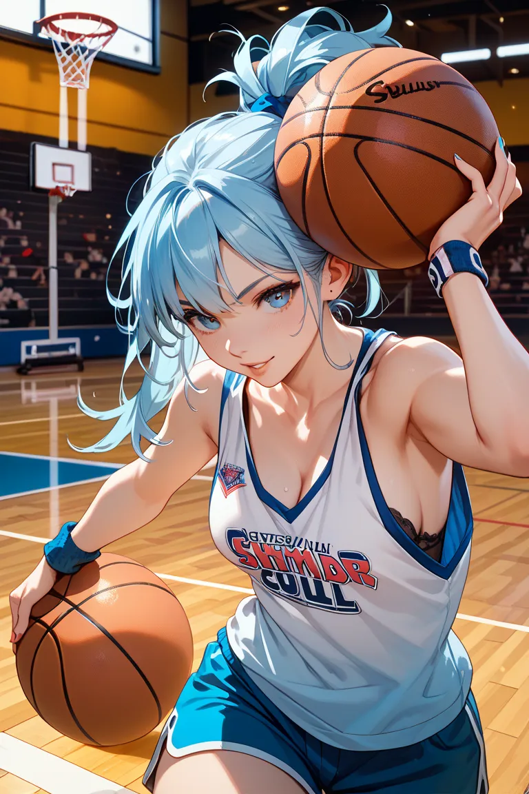 My hair is light blue and I'm trying to score a shot in the basketball club