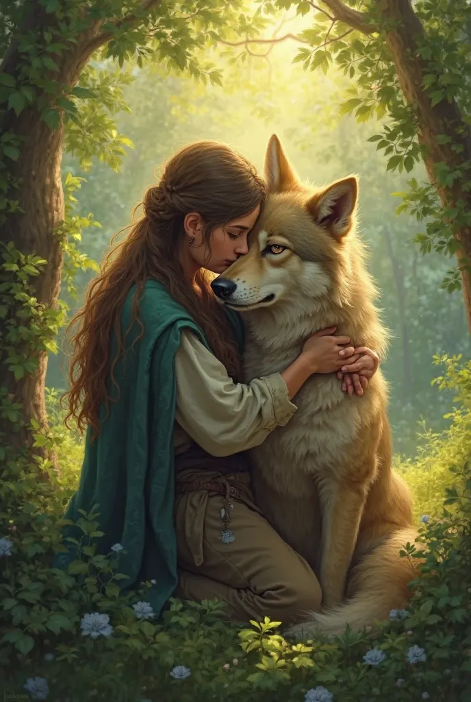 A picture of a  hugging a wolf dog in a poetic forest, with warm sunshine shining through the canopy."