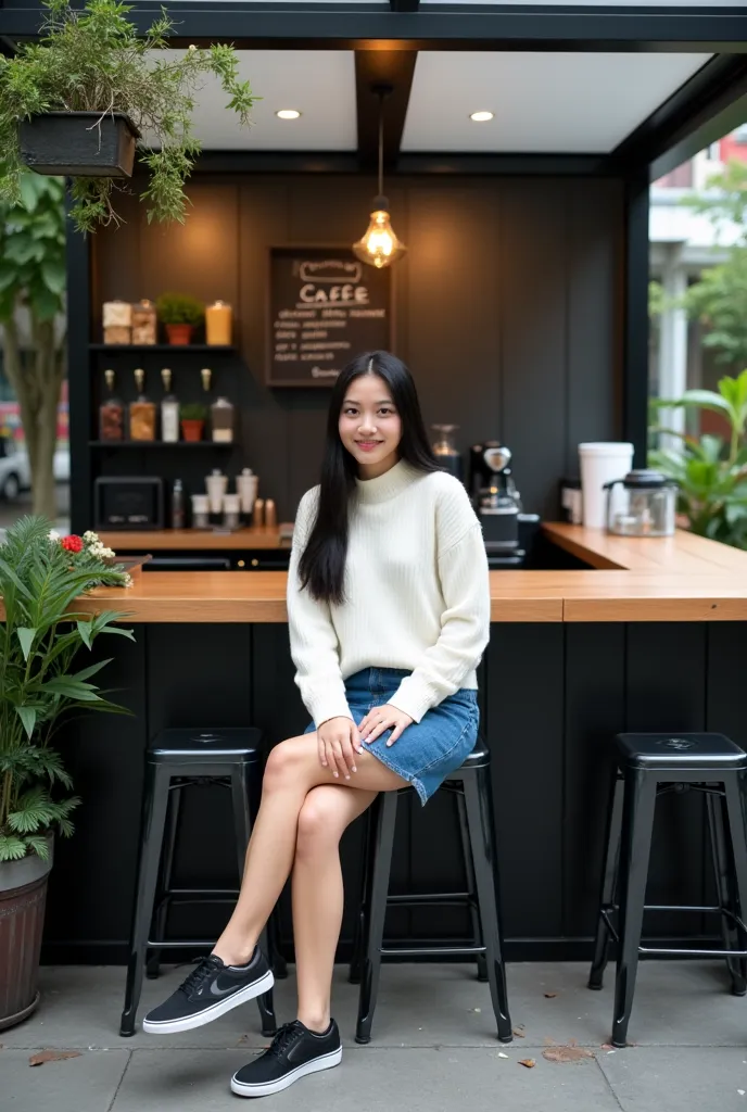 Original portrait. A beautiful 25-year-old Indonesian woman. With long, straight black hair. Wearing a white sweater. Wearing a blue jeans skirt. Wearing black and white Nike shoes. She sits with a slight smile while looking at the camera at a "CAFFE" kios...