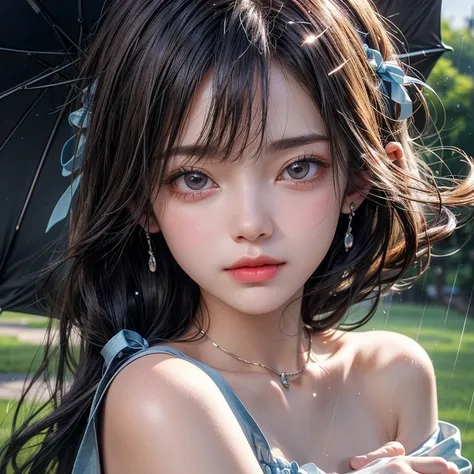 （(（High Resolution)(masterpiece) (Anatomically Correct)))Split Lens,（Silver/blue/ gray hair ） ribbon,  mouse ear , (1 girl, cute）（Meticulous details.迷人cute的大眼睛）（Gorgeous Shiny）Diversity, 3D rendered wind （Rainy Day Raindrops Glossy）Umbrella support，Face-to...