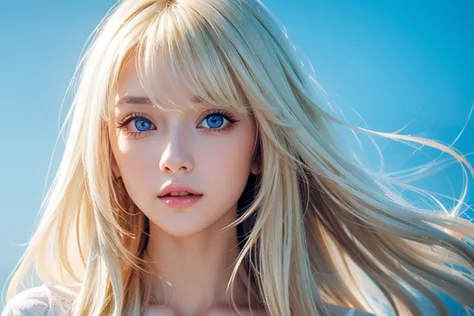 A perfectly beautiful face、super long messy silky beautiful blonde 、 beautiful cute girl 、 sexy and very beautiful cute face 、 beautiful cute sexy bright pale sky blue big eyes、long beautiful bangs 、 very super long beautiful blonde shiny silky hair、Very w...