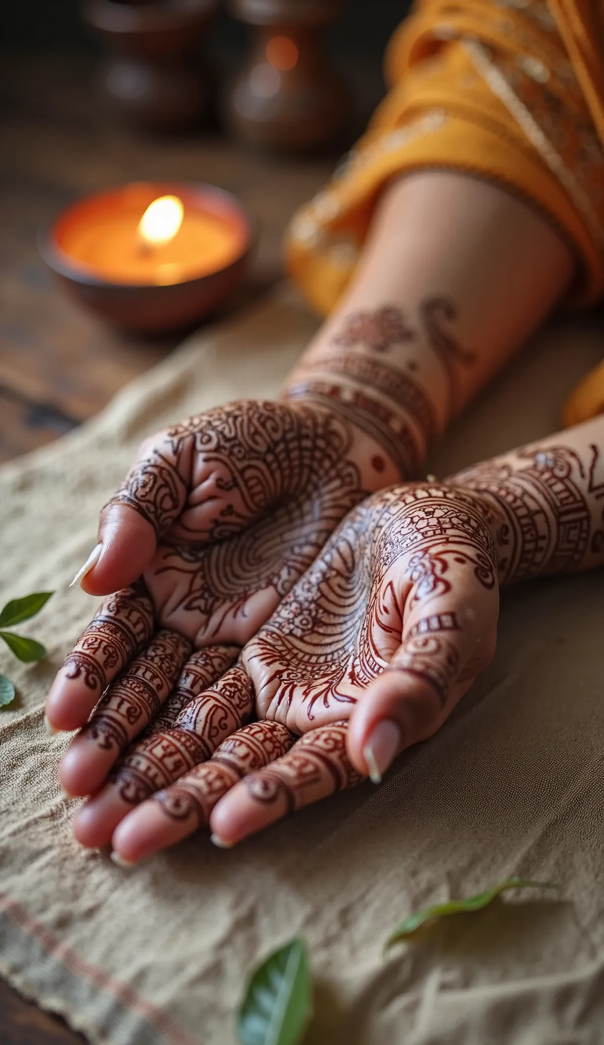 "A close-up of a woman's hands adorned with freshly applied mehandi (henna) in intricate traditional patterns. The dark, rich henna designs cover her palms and fingers, with delicate swirls and motifs reflecting South Indian artistry. Her hands rest gracef...