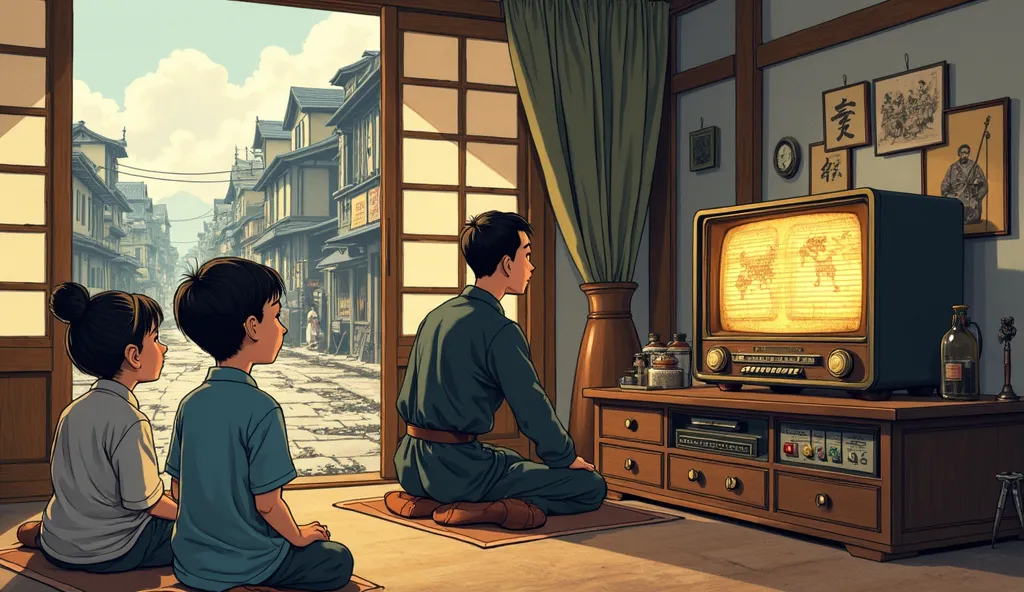 Illustration prompt: Emperor Hirohito’s surrender announcement playing on a vintage radio in a Japanese home. A family listens with solemn expressions, symbolizing the end of an era. Outside, war-torn streets reflect both despair and relief.
