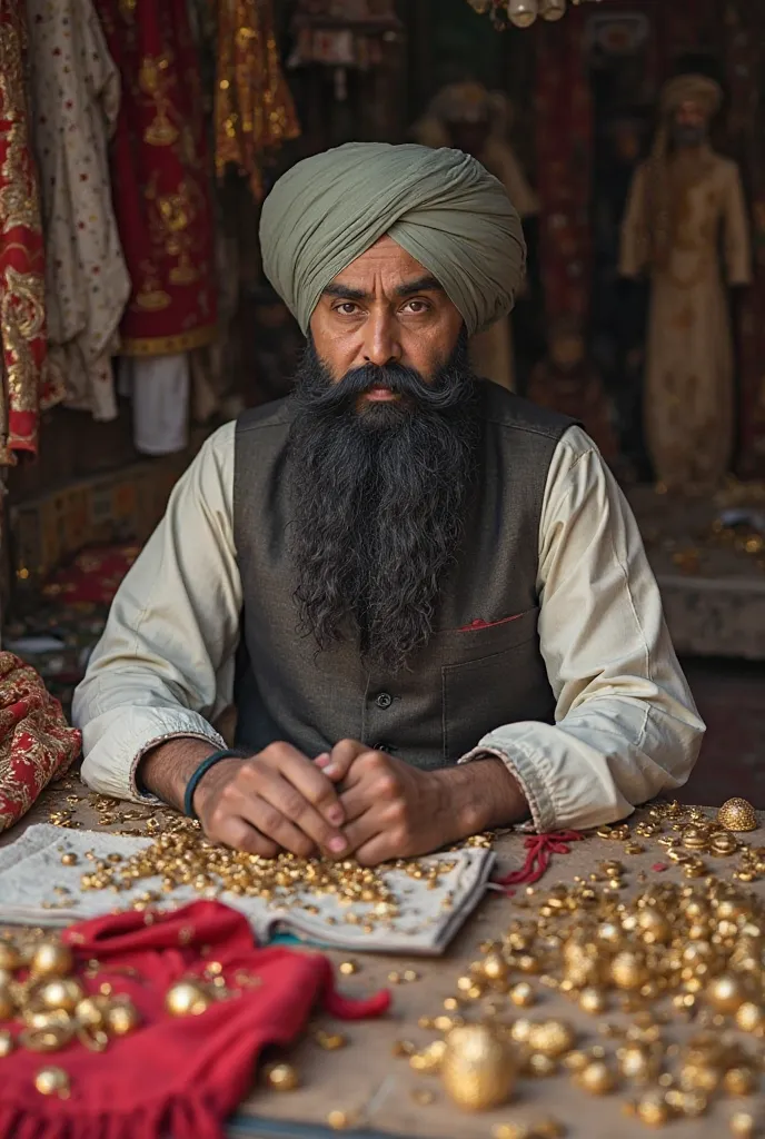 A man with a black medium-sized beard and a cap on his head and he is wearing a Punjabi. There is a table in front of him, on the table there are many Punjabi, many stoles and gold rings. He is selling them.