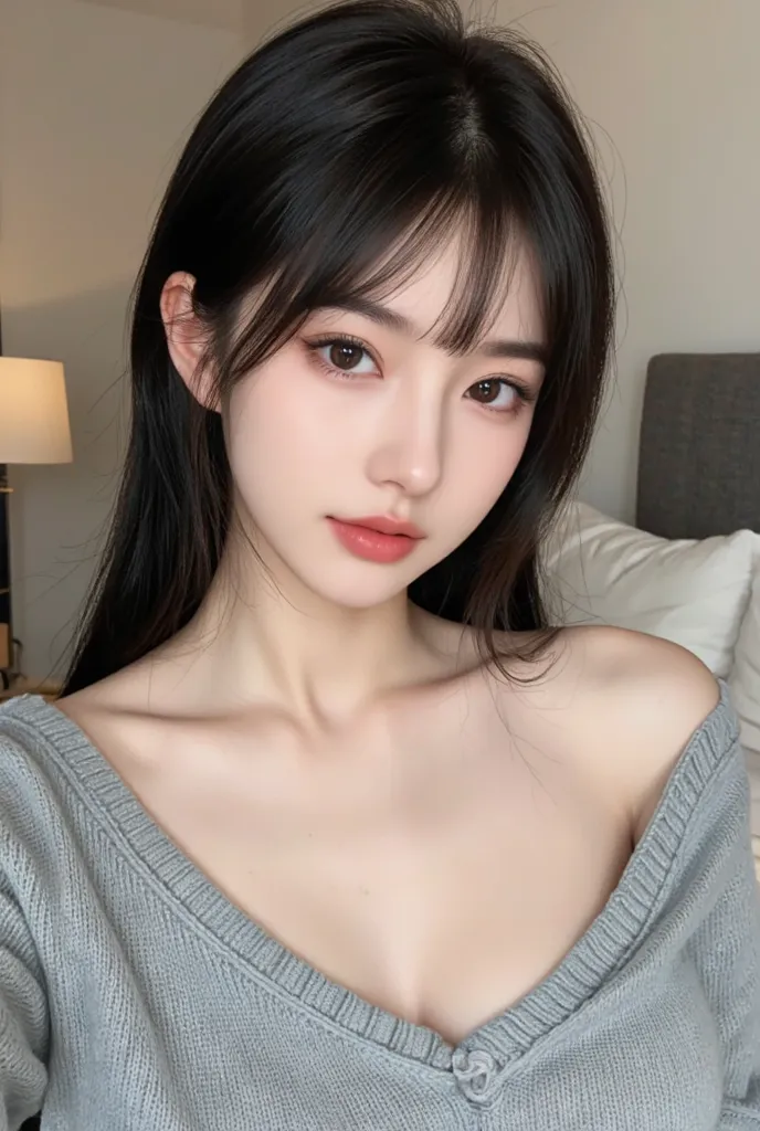 
A a young japanese woman with long, straight black hair styled with bangs. She has fair skin The overall impression is one of a simple, natural, and somewhat understated style. Taking a cute selfie in her bed ((room backround)) ((super hyperealistic)) wea...