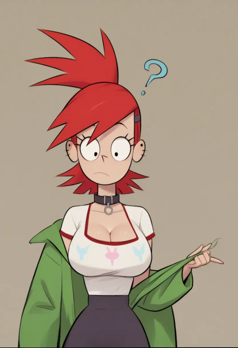 high quality,FrankieFoster,solo,red hair,green jacket, white shirt, black short, thick thighs and slim waist, Fat Ass,breasts,bursting breasts,(question mark next to head), ((Her fingers pull at the collar of white shirt,show Cleavage))