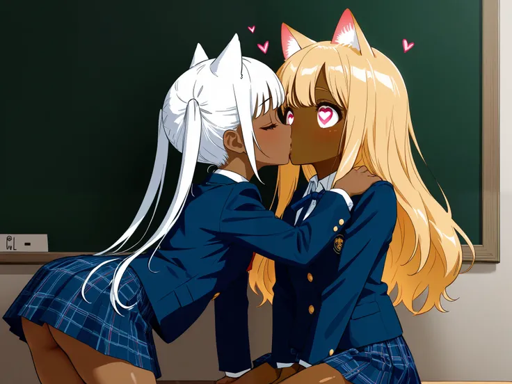 nsfw,2 girls, Pair painting、High Resolution, top quality, masterpiece,   accurate, high detail,Side configuration、 with long golden hair and brown skin with cat ears and a woman in a blazer and skirt in a school uniform、Woman in a blazer and skirt in a sma...