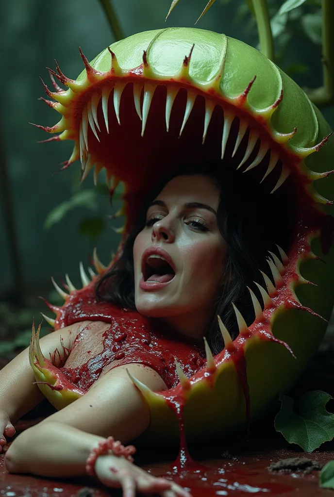 Close horror image of beheading woman head inside giant venus flytrap