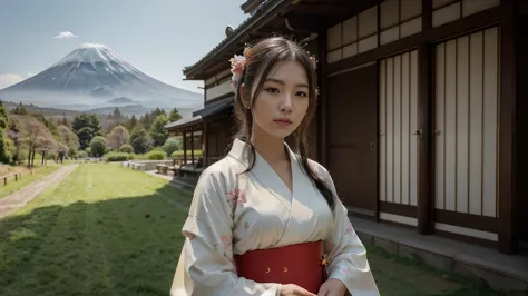 ((Half body Portrait of Beautiful Young Japanese Woman )), (( Traditional kimono outfit)), High-class Lady,( Meiji Fashion Style),(( Vintage Color Photo)),((Outdoor photography in a beautiful meadow)) (( In the background is Mount Fuji with snow covering t...