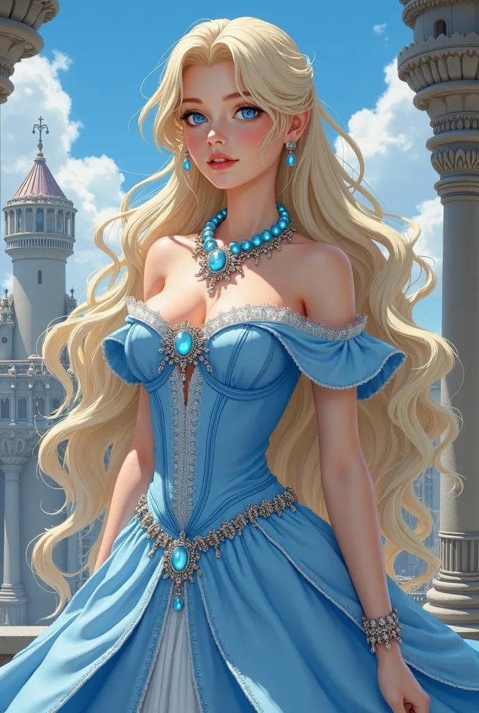  Princess Sara from Final Fantasy I ,  platinum blonde hair ,  big blue eyes, adult body,  beautiful classic sky blue dress with many details, princess garland ,  beautiful pendant with a blue pearl,  slim and curvy figure , suggestive posture,  in the bac...