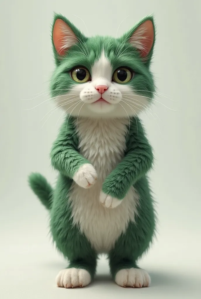 A highly realistic cat with green and white fur, standing upright on its two hind legs. The cat is wearing clothes, resembling a human-like posture. The fur texture is highly detailed, making it look lifelike."
