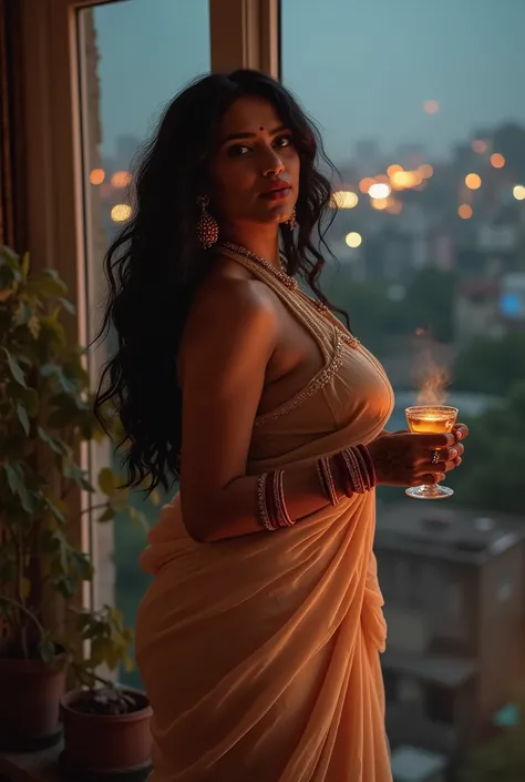 *The stunning Indian woman's voluptuous figure is accentuated by her revealing traditional attire - a sheer, draped saree with a deep-cut blouse and high slit, flowing elegantly in the Mumbai breeze. Her large, perky breasts strain against the thin fabric...