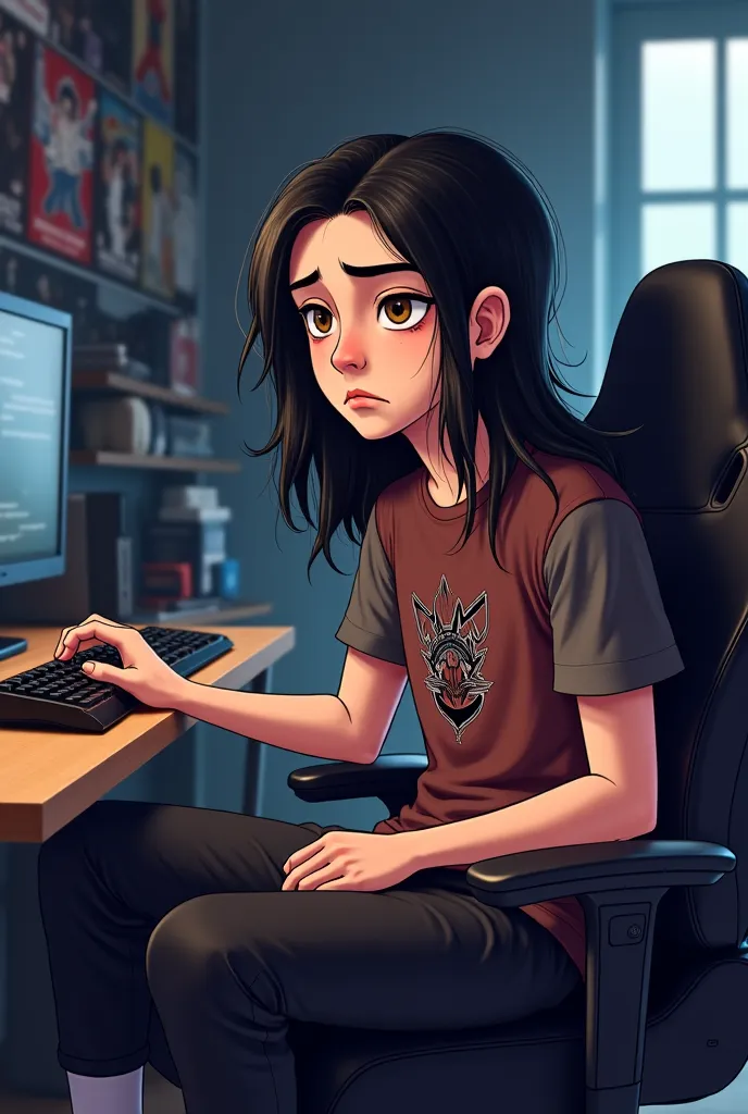 A stylized semi realistic style incel male with long layered black hair, brown eyes, pale skin, and freckles. He is looking upset, sitting in a gaming chair next to a desk. The room in the background is a little messy and dark, decorated with band posters ...