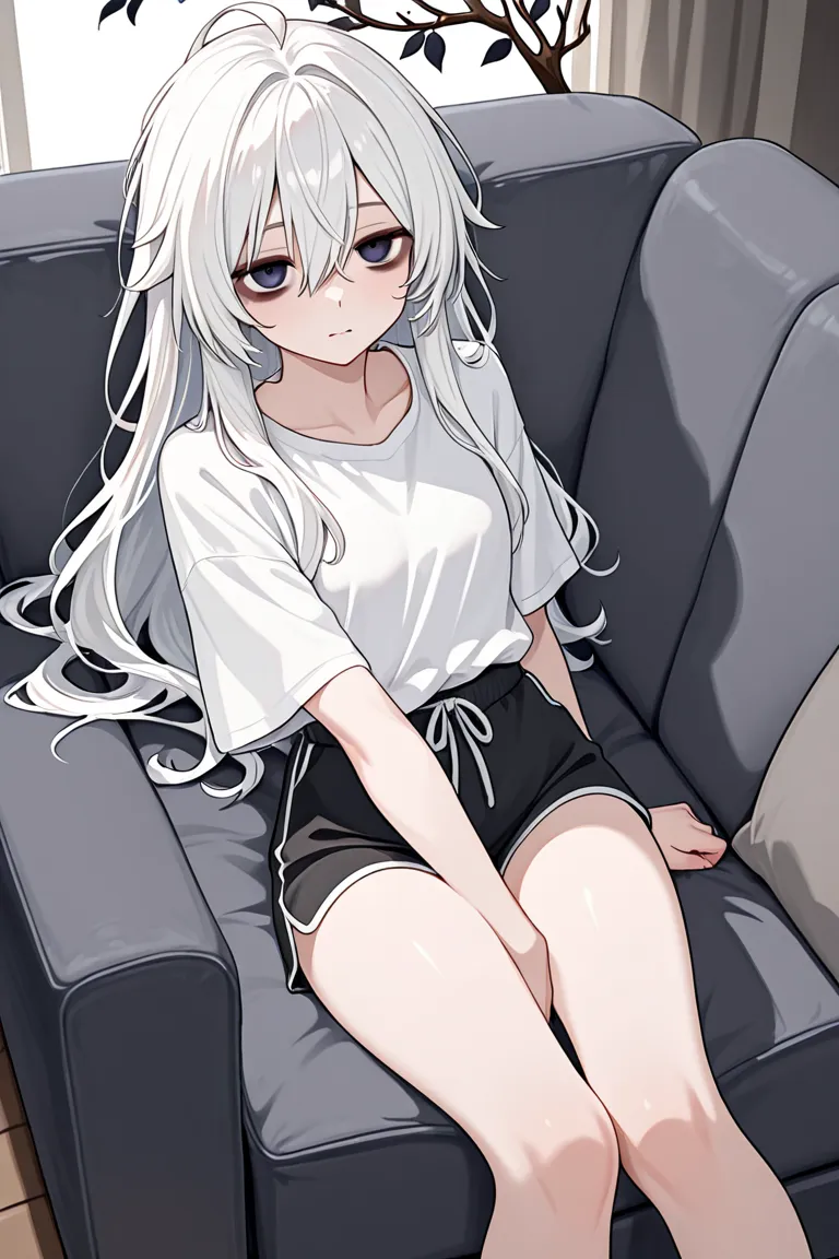 A man with untidy white hair that stretches out in several branches. Tired with dark circles under his eyes, he is sitting on the sofa with decadent eyes.  I wear a white shirt .