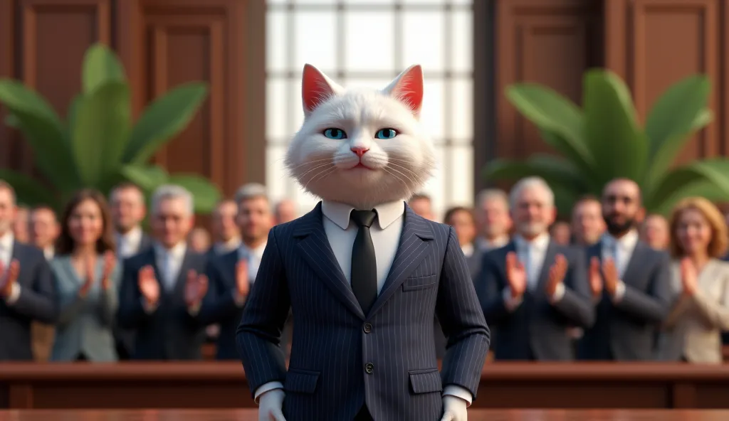 A highly detailed, realistic 3D-rendered anthropomorphic white cat with blue eyes, dressed in a sharp navy blue pinstripe suit, white shirt, and black tie, standing confidently in a courtroom. The cat has a satisfied, smug expression with its eyes slightly...