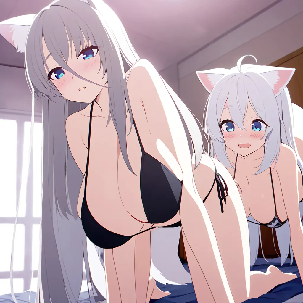 blue eyes, Gray Hair,White fox ears, big breasts,White Fox's Tail , blushes, black bikini with enamel,
bangs between eyes, very long hair,  Hide Ears , TWO GIRLS, on the bed、low angle、standing on all fours、I'm rubbing my body against the floor
