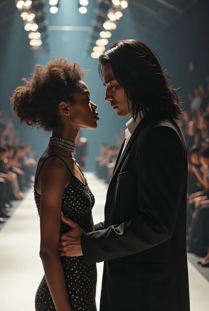 Une jeune femme noir regardant face à face un homme Coréen blanc avec des cheveux long ,  On a fashion show runway .