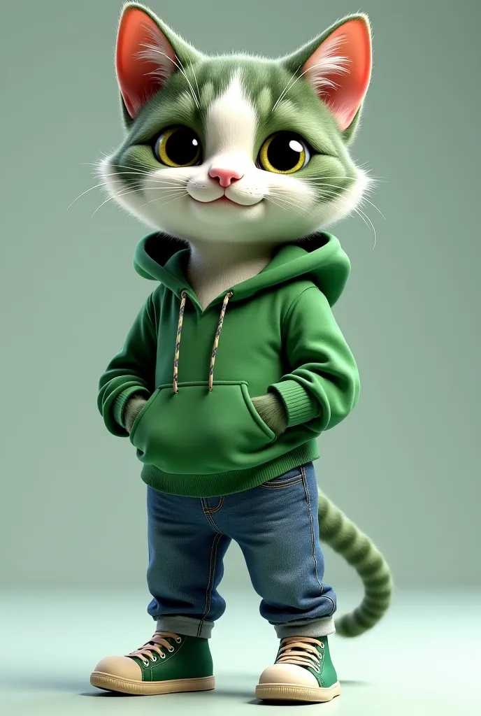 "A highly realistic cat with green and white fur, standing upright on its two hind legs. The cat is wearing a cool hoodie and jeans, with sneakers on its feet. The fur texture is highly detailed, making it look lifelike."