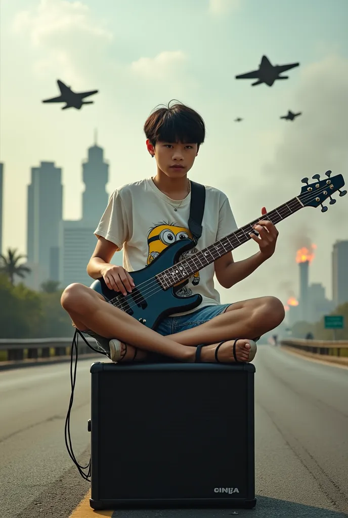 *"A handsome Asian young man Short haired scruffy sits cross-legged on top of a huge speaker amplifier while playing an electric bass guitar in the middle of a highway in a battlefield. He is wearing a dull white T-shirt depicting cartoon Minions torn apar...