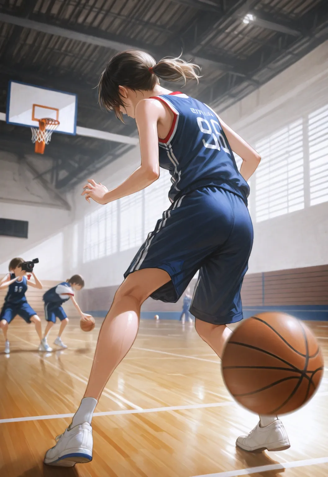 Full-body shot of an 18-year-old Japanese model playing basketball in a gym, wearing a school gym uniform, head and shoulders viewed from behind. Slight blur in the foreground with an opposing team female student visible. Depth-of-field effect to capture f...