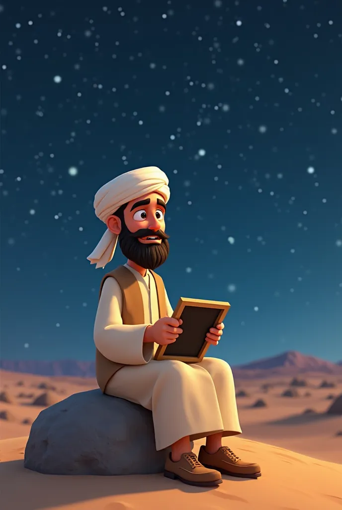 "A 3D Pixar-style cartoon of a young bearded man with expressive eyes, wearing a white turban, a beige vest over a long-sleeved cream-colored shirt, sitting alone on a rock in the vast desert at night. He holds a small chalkboard on his lap, looking at it ...