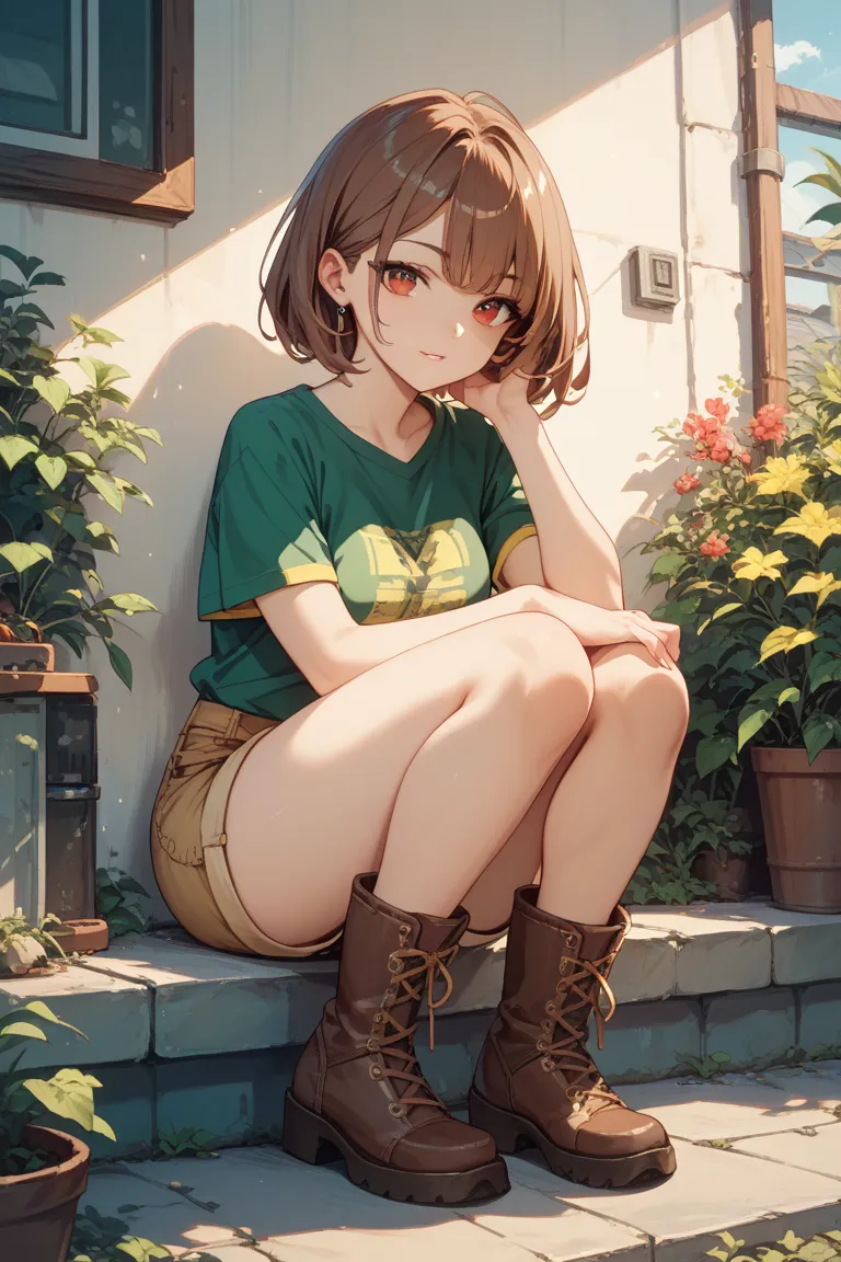 Brown bob hair、red eyes、green short sleeve t-shirt with brown boots and a yellow line、Brown shorts、 girl in brown boots who distrust humans。