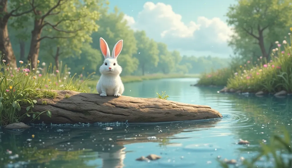 A white rabbit steps up on a big log in the middle of the river 