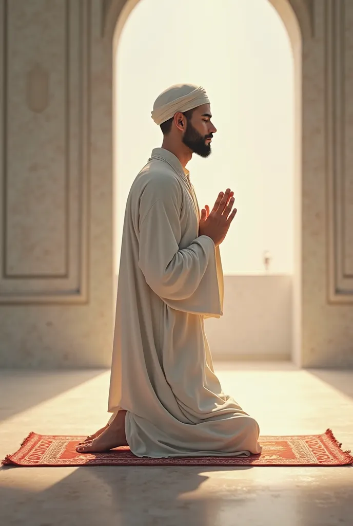 Anime picture of a man praying on a prayer mat and he is standing in the ruku position; his hands are on his knees and he is standing and lowering his back downwards