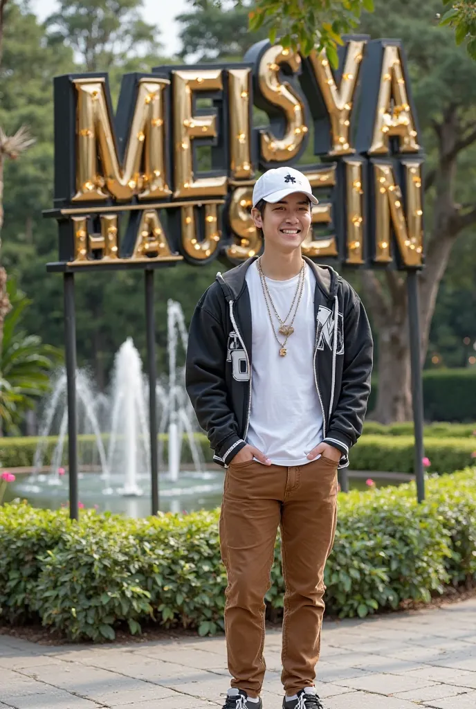 A photo of a realisitic Korean handsome men smiling wearing a white cap baseball i, white t-shirt, a black lettered jacket, and brown jeans. There is a bone necklace "flowing around his body. He is wearing a neat cap. The woman stands confidently next to a...