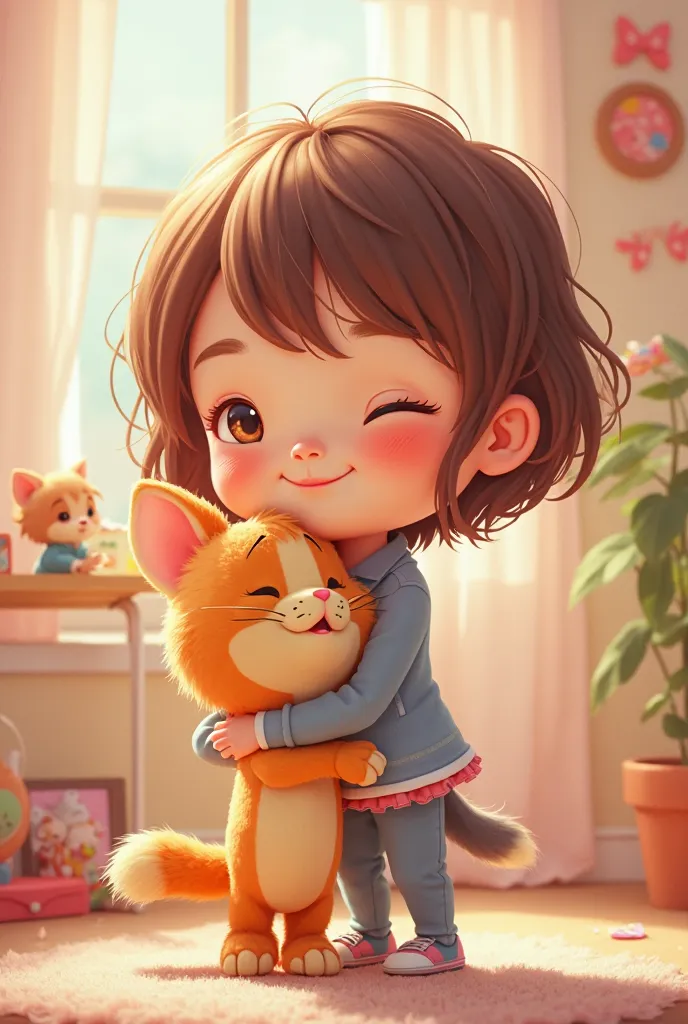 I want to create a picture of a young cartoon girl with short hair, cute, standing up, closed and holding a cartoon doll from Tom and Jerry Gumball the sniper 