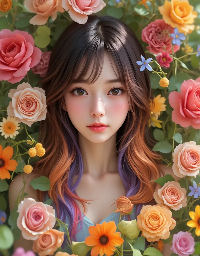 Beautiful woman surrounded by colorful flowers、チューリップ、Rainbow hair
