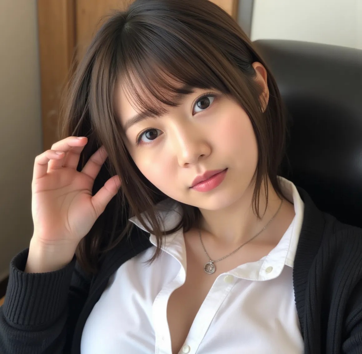 8K wallpaper, ((Big Breasts 1:2)), High Resolution, top quality, side ponytail,earrings,necklaces, heavy makeup, hidden hair,full body, black cardigan,Lying face down,model body type，Darker lipstick ，cute Japanese beautiful girl 18 years old with a kiss po...