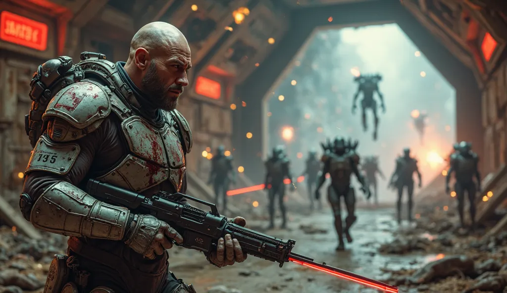 *A lone human, abducted by aliens, now stands as their worst nightmare. In the foreground, a rugged and battle-scarred man, wearing a torn but heavily modified alien combat suit, grips a stolen plasma blade in one hand and an advanced alien energy rifle in...