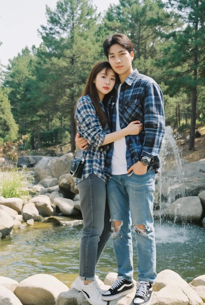 Korean babe long straight hair Highlight ash ash little body contains real glowing face ,, black eyeliner ,, red lipstick blue flannel shirt  ,watch ,,small bag ,,necklace ,,Medium cuthbray jeans posing in beautiful scenery there is a fountain of rocks Pin...