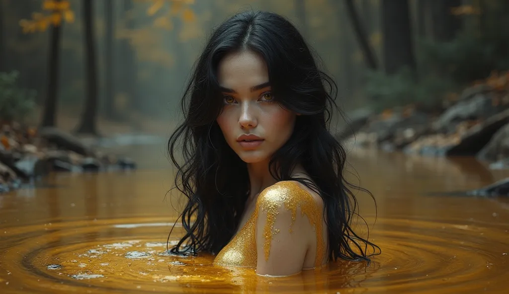 Stunning sensual woman with black hair and (bright shining golden eyes) bathing in (thick opaque letallic golden liquid paint) lake, mist, non-transparent golden shimering lake, golden paint n her skin, cinematic lighting, ultra realistic, black and white ...