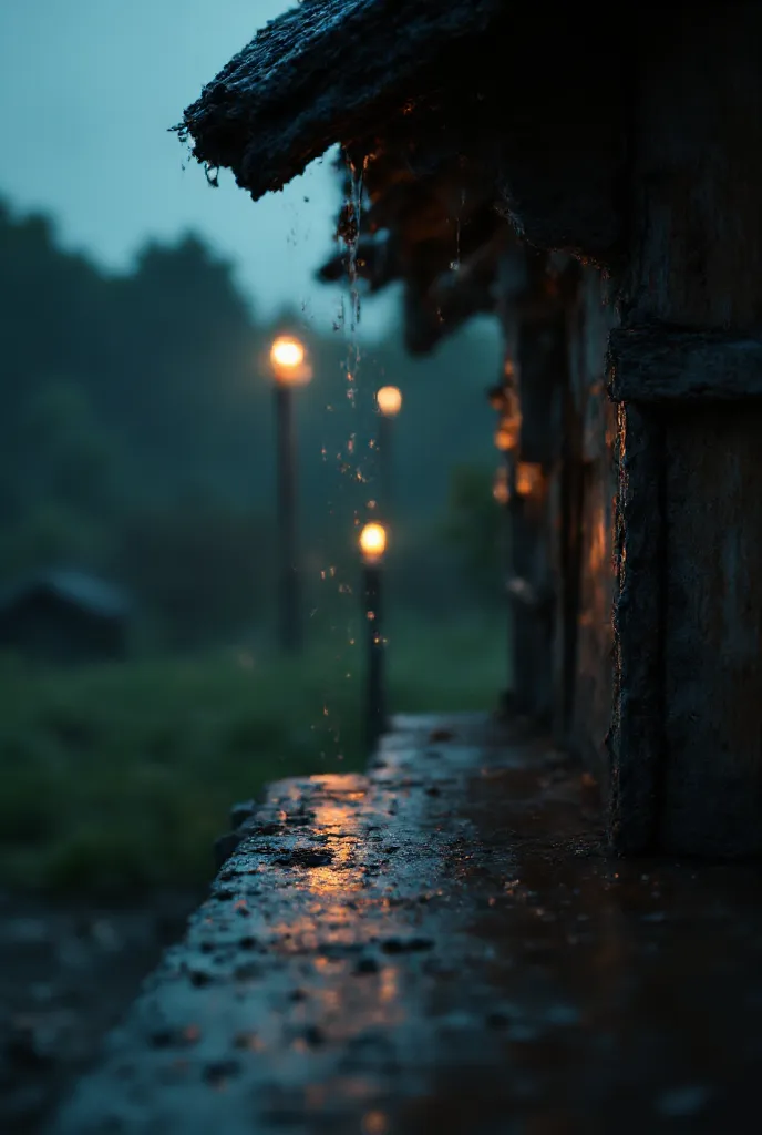 {{A ((serene and moody)) depiction of {((raindrops gently dripping from the edge of an old wooden roof))}}} with {((each droplet catching the soft glow of a nearby lantern in a quiet evening rainstorm))}. This is a {((cinematic photography))}-inspired imag...