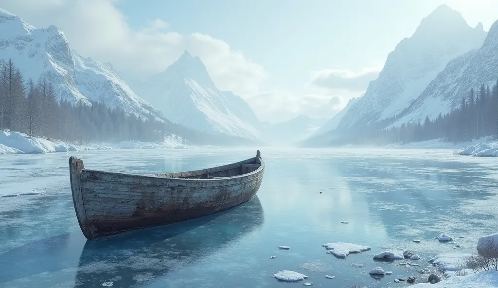 ” under the frozen plateau lake，looks like an old boat，The hull is mottled，with cracks and light blue reflections on the ice surface，surrounded by snowy mountains in the distance “