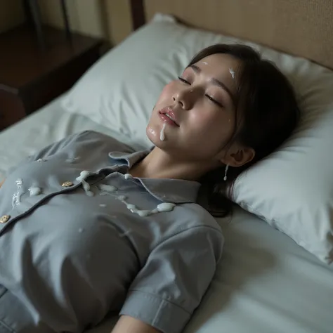 A pretty Japanese stewardess is laying unconscious on the bed, sleeping, eyes close, do not smile, cum on head, a lot of cum on face, cum on cheek,