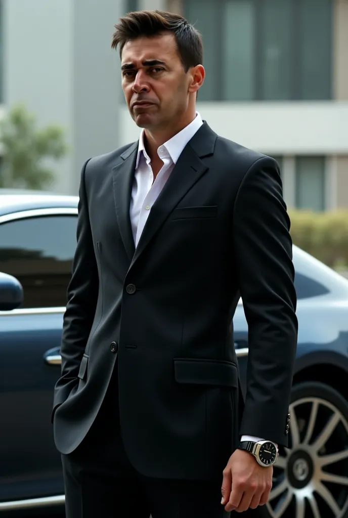 An action movie character wearing formal attire with short black hair, Watch and car latest model at your side 