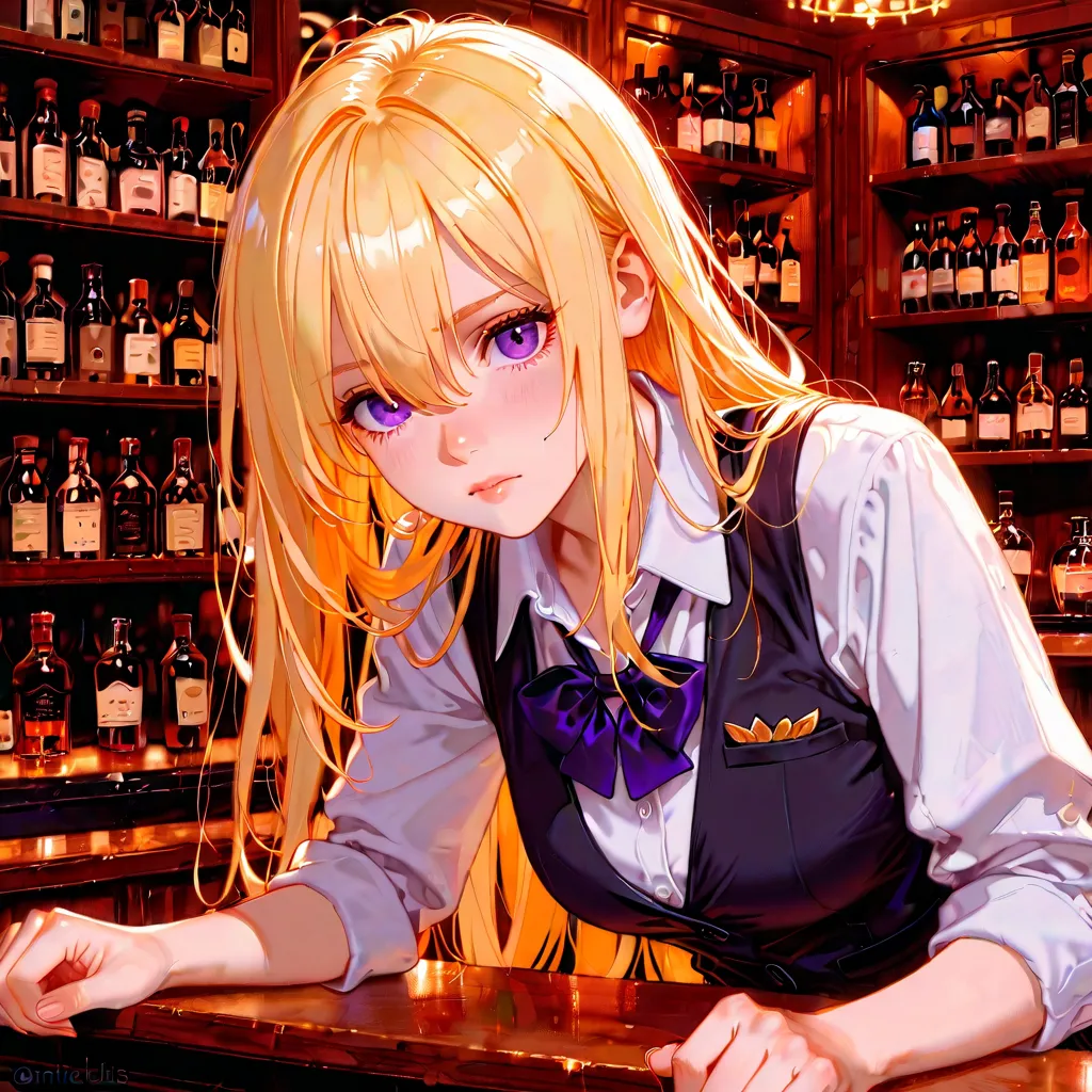 Animebliss, long blonde hair, hair inbetween eyes, purple eyes, working behind the bar, masterpiece, best quality, great quality, detailedA beautiful anime-style bartender with long flowing blonde hair partially obscuring her captivating purple eyes, metic...