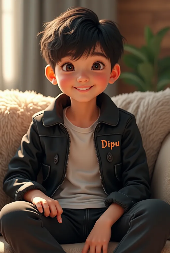 A young boy with black jeans and white tshirt with black jacket and Name dipu  sitting on the sofa