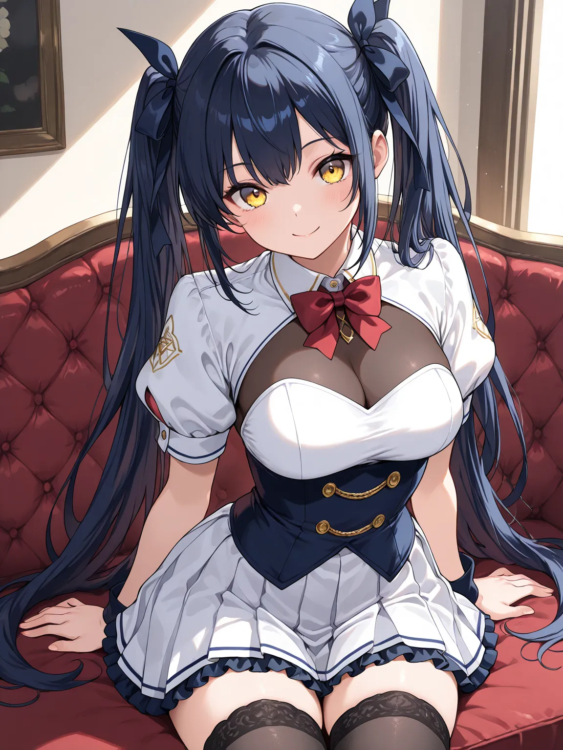 1girl, dark blue hair, long hair, twintails, yellow eyes, white hair ribbon, medium breasts, white shrug (clothing), puffy sleeves, short sleeves, wing collar, red bowtie, blue underbust, white strapless dress, black see-through cleavage, white pleated ski...