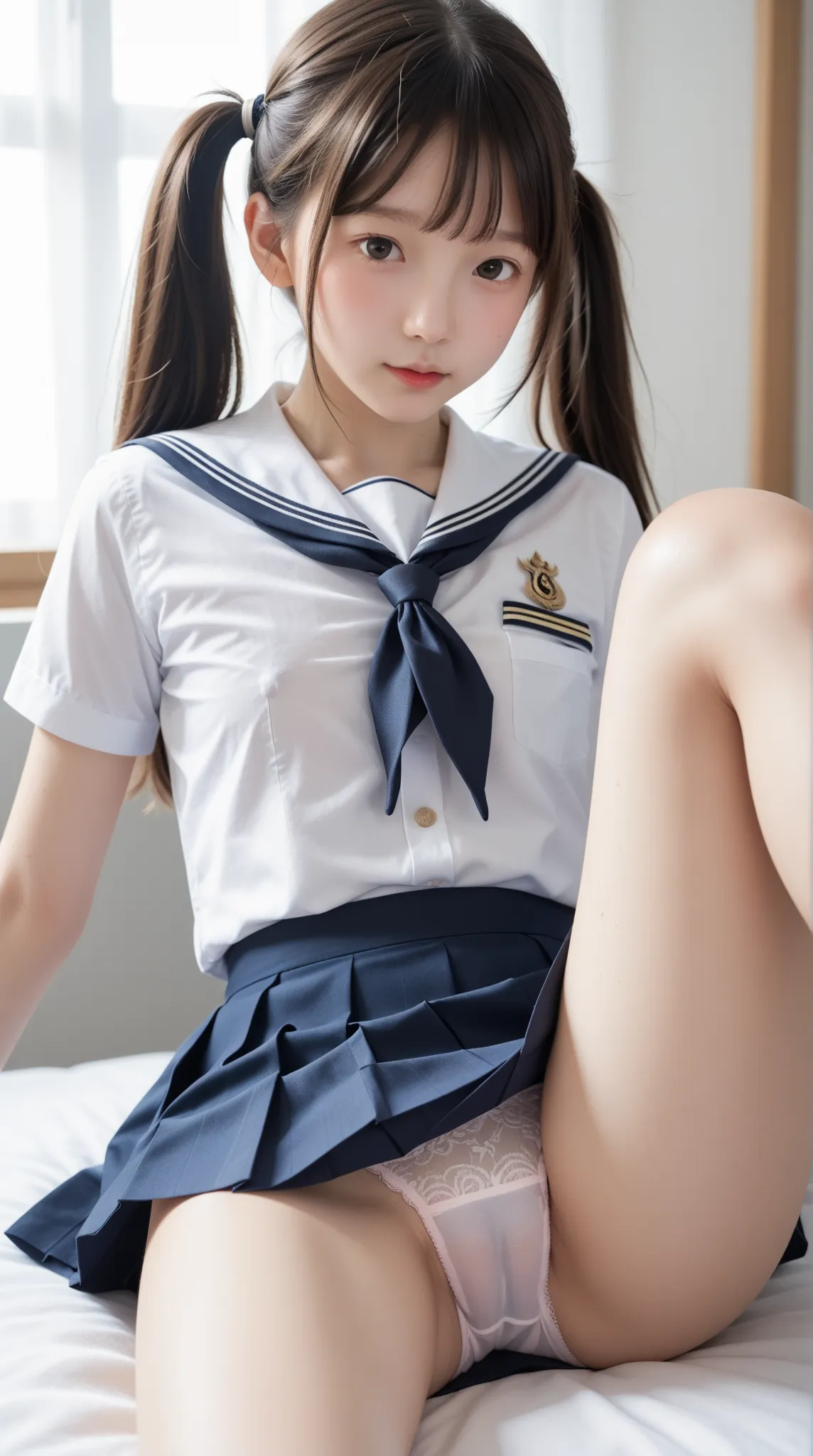 score_9, score_8_ up, score_7_ up,cute girl,sunlight, school uniform,Roll up your uniform with both hands to show your chest,(thin:1.5),(    young:0.5),(  body :0.3),(white skin:1.1),navy skirt,camel toe,white knee-high socks,Lie in bed in a sweaty uniform...