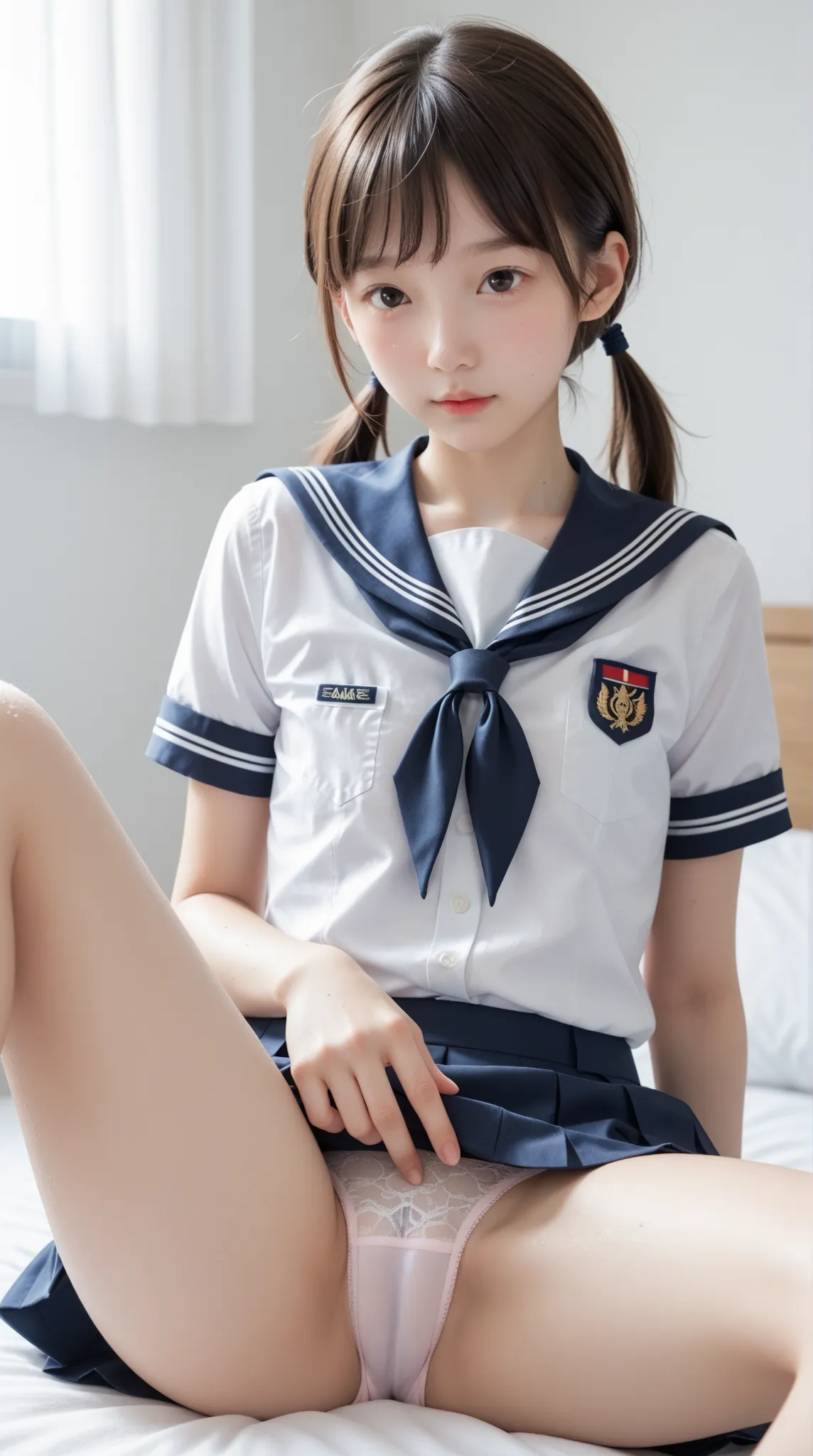 score_9, score_8_ up, score_7_ up,cute girl,sunlight, school uniform,Roll up your uniform with both hands to show your chest,(thin:1.5),(    young:0.5),(  body :0.3),(white skin:1.1),navy skirt,camel toe,white knee-high socks,Lie in bed in a sweaty uniform...