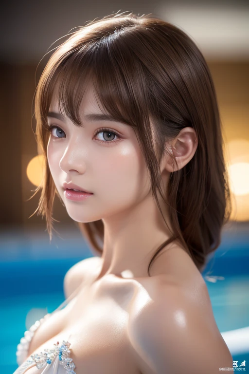 face  :9,1714884241], (At the outdoor pool)、(  wear a latex swimsuit at the outdoor pool)、 (Big Breasts、),  RAW Photos, (8k、Best Quality、masterpiece:1.2)、( delicate details :1.4)、( photorealistic:1.4)、Octane rendering、 complex 3d rendering, Super detailede...