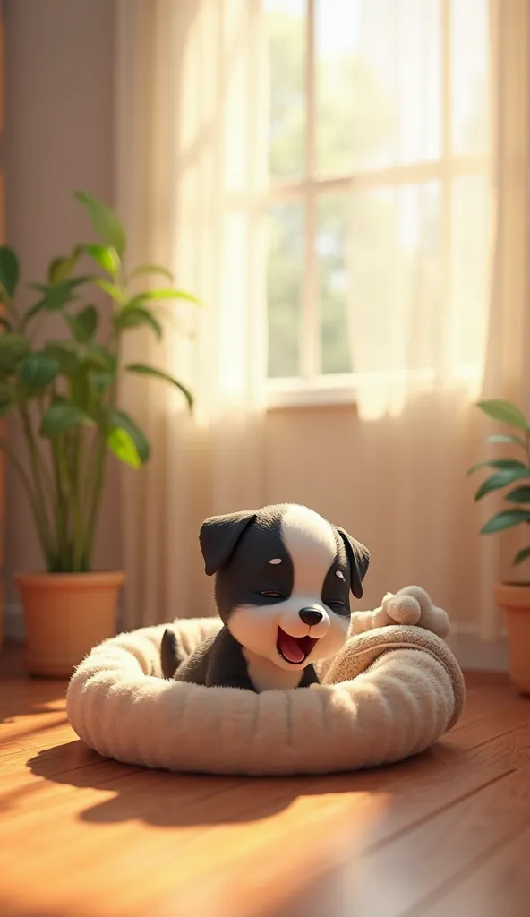 A small black-and-white puppy stretching and yawning in a soft, round pet bed. The morning sunlight filters through the curtains, casting a warm glow on the wooden floor. A plush toy and a tiny blanket are beside the puppy, showing signs of a peaceful slee...