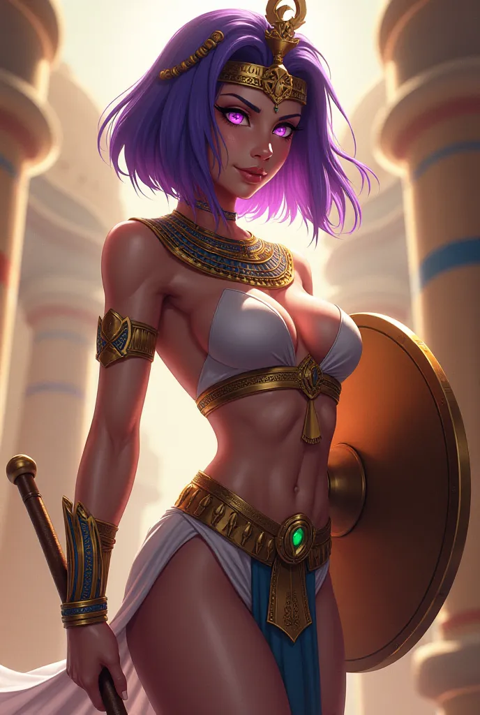 Athletic Egyptian woman,  short hair lilac , purple eyes, In the garment of a pharaoh, with a shield and throws, big ass, big chest, in a battle pose, anime style 