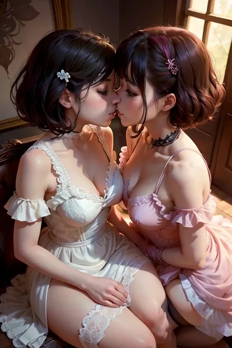 two magic girls together (Malhou Shoujo), wearing a delicate dress (full of details and lace, high definition, thighs, anime style, kissing each other on the lips