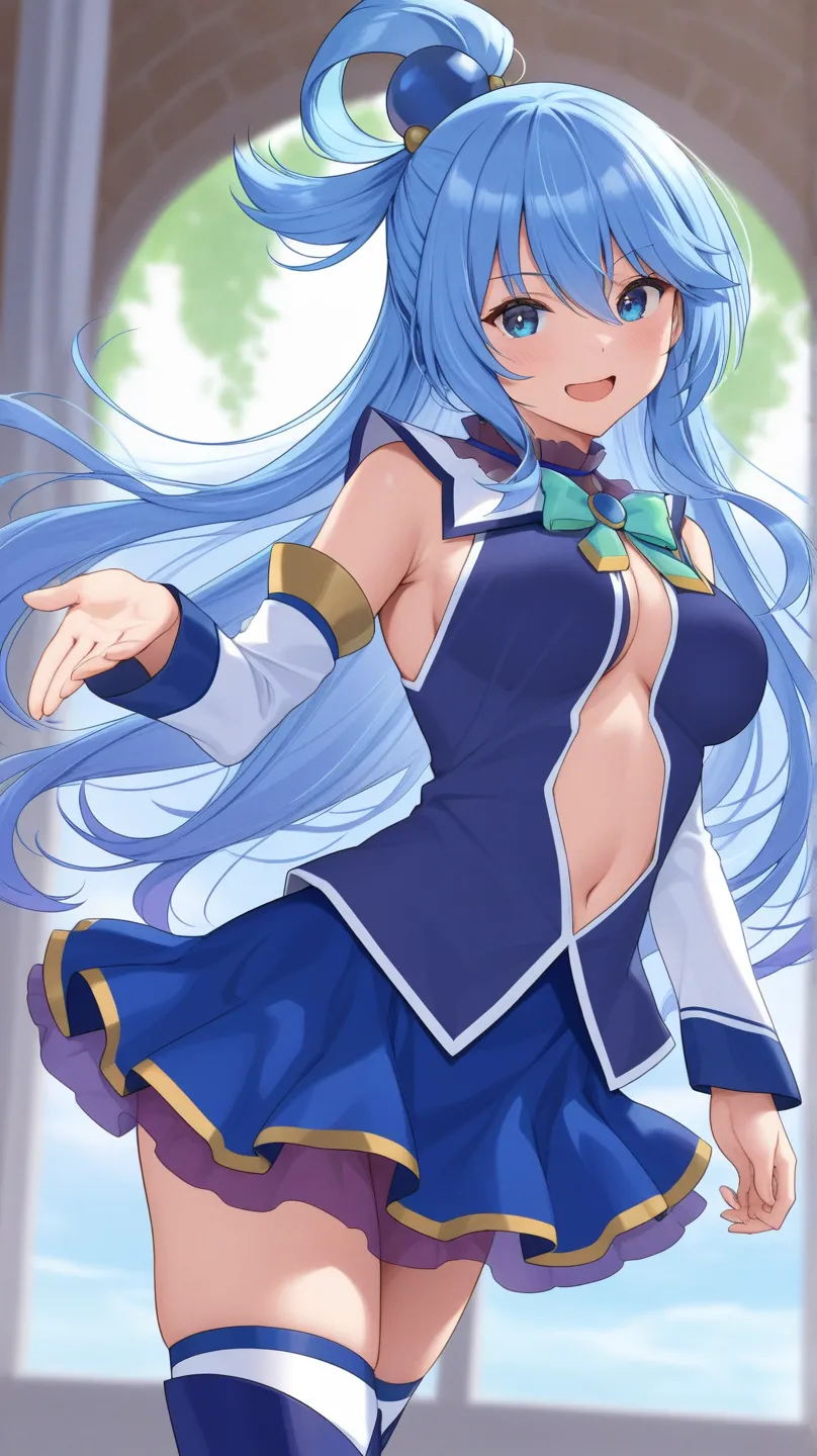 aqua (konosuba) blue eyes, blue dress, blue skirt, turquoise ribbon, sleeveless, White long sleeves,
