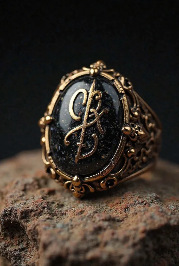 The image features an ornate ring with a large, oval, dark stone as the centerpiece. The stone is intricately engraved with a calligraphic design or symbol that appears to be in a metallic finish, possibly gold or brass. The ring's band is highly decorativ...